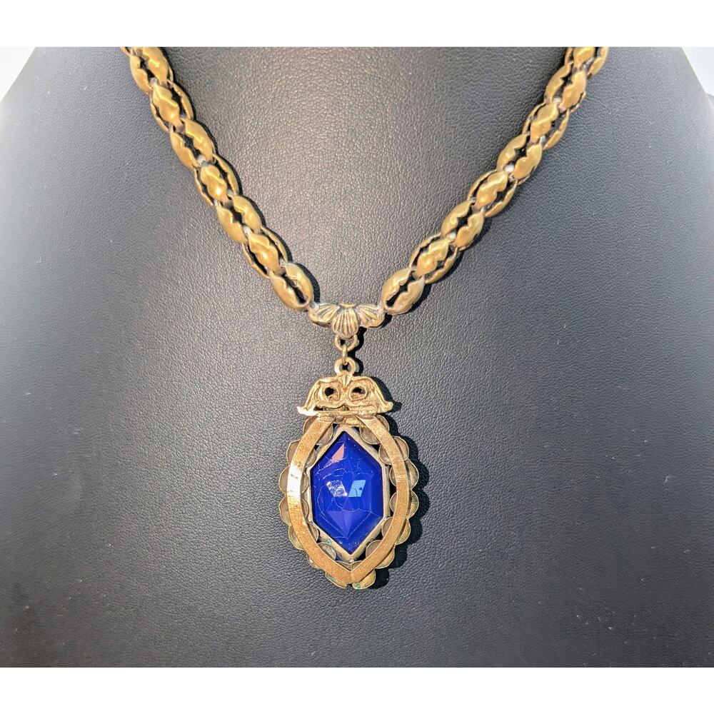 VTG/Antique Marked Czech Opaque Blue Pendant Muted Gold Tone Chain 16" Necklace - Picture 7 of 9
